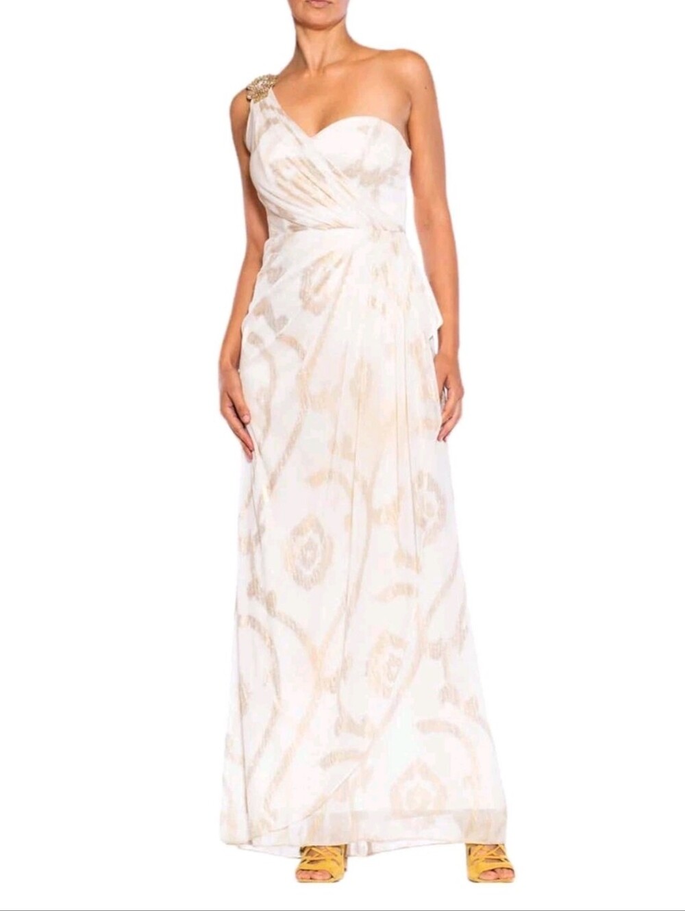 Cache One Shoulder Gown Maxi Dress Jeweled Ivory Gold Wedding Size 10 Rhinestone